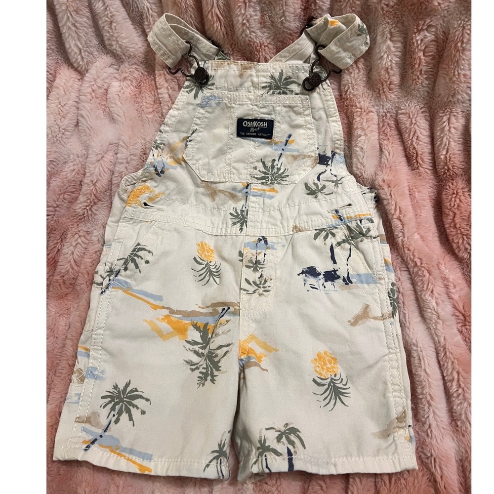 OshKosh B'gosh Shortall Overalls Kids 18m Cream Tropical Palm Tree Pineapple